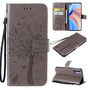For Oppo Reno4 5G Tree & Cat Embossed Pattern Horizontal Flip Leather Case with Holder & Card Slots & Wallet & Lanyard(Grey)