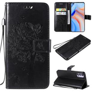 For Oppo Reno4 5G Tree & Cat Embossed Pattern Horizontal Flip Leather Case with Holder & Card Slots & Wallet & Lanyard(Black)