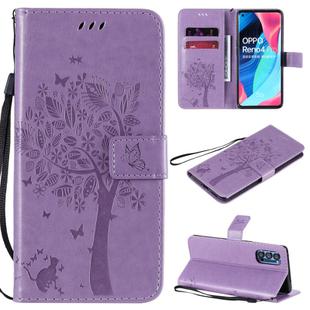 For Oppo Reno4 Pro 5G Tree & Cat Embossed Pattern Horizontal Flip Leather Case with Holder & Card Slots & Wallet & Lanyard(Light Purple)