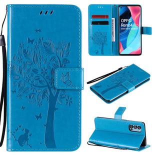 For Oppo Reno4 Pro 5G Tree & Cat Embossed Pattern Horizontal Flip Leather Case with Holder & Card Slots & Wallet & Lanyard(Blue)