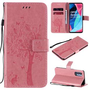 For Oppo Reno4 Pro 5G Tree & Cat Embossed Pattern Horizontal Flip Leather Case with Holder & Card Slots & Wallet & Lanyard(Pink)