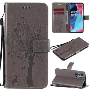 For Oppo Reno4 Pro 5G Tree & Cat Embossed Pattern Horizontal Flip Leather Case with Holder & Card Slots & Wallet & Lanyard(Grey)