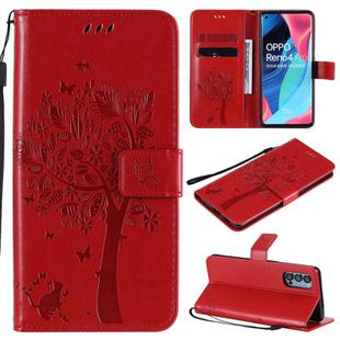 For Oppo Reno4 Pro 5G Tree & Cat Embossed Pattern Horizontal Flip Leather Case with Holder & Card Slots & Wallet & Lanyard(Red)