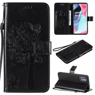 For Oppo Reno4 Pro 5G Tree & Cat Embossed Pattern Horizontal Flip Leather Case with Holder & Card Slots & Wallet & Lanyard(Black)