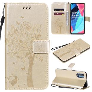 For Oppo Reno4 Pro 5G Tree & Cat Embossed Pattern Horizontal Flip Leather Case with Holder & Card Slots & Wallet & Lanyard(Gold)