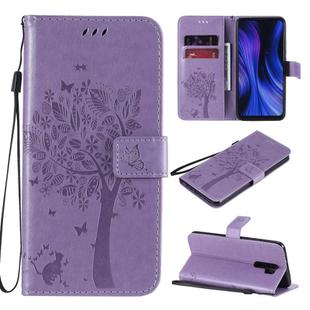 For Xiaomi Redmi 9 Tree & Cat Embossed Pattern Horizontal Flip Leather Case with Holder & Card Slots & Wallet & Lanyard(Light Purple)