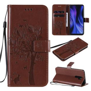 For Xiaomi Redmi 9 Tree & Cat Embossed Pattern Horizontal Flip Leather Case with Holder & Card Slots & Wallet & Lanyard(Coffee)