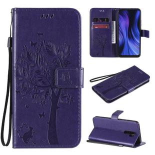 For Xiaomi Redmi 9 Tree & Cat Embossed Pattern Horizontal Flip Leather Case with Holder & Card Slots & Wallet & Lanyard(Purple)