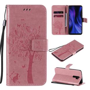 For Xiaomi Redmi 9 Tree & Cat Embossed Pattern Horizontal Flip Leather Case with Holder & Card Slots & Wallet & Lanyard(Pink)