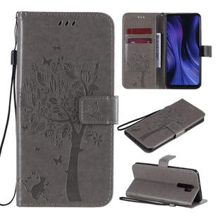 For Xiaomi Redmi 9 Tree & Cat Embossed Pattern Horizontal Flip Leather Case with Holder & Card Slots & Wallet & Lanyard(Grey)