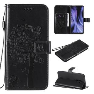 For Xiaomi Redmi 9 Tree & Cat Embossed Pattern Horizontal Flip Leather Case with Holder & Card Slots & Wallet & Lanyard(Black)