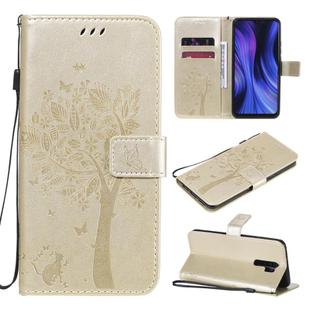 For Xiaomi Redmi 9 Tree & Cat Embossed Pattern Horizontal Flip Leather Case with Holder & Card Slots & Wallet & Lanyard(Gold)