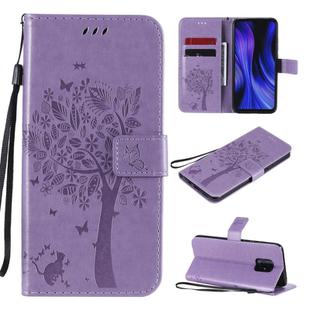 For Xiaomi Redmi 10X 5G / 10X Pro 5G Tree & Cat Embossed Pattern Horizontal Flip Leather Case with Holder & Card Slots & Wallet & Lanyard(Light Purple)