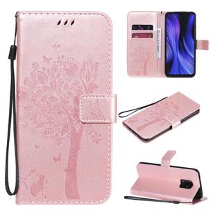 For Xiaomi Redmi 10X 5G / 10X Pro 5G Tree & Cat Embossed Pattern Horizontal Flip Leather Case with Holder & Card Slots & Wallet & Lanyard(Rose Gold)
