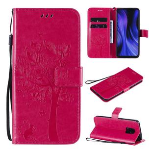 For Xiaomi Redmi 10X 5G / 10X Pro 5G Tree & Cat Embossed Pattern Horizontal Flip Leather Case with Holder & Card Slots & Wallet & Lanyard(Rose Red)