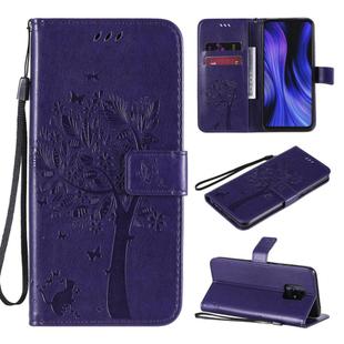 For Xiaomi Redmi 10X 5G / 10X Pro 5G Tree & Cat Embossed Pattern Horizontal Flip Leather Case with Holder & Card Slots & Wallet & Lanyard(Purple)