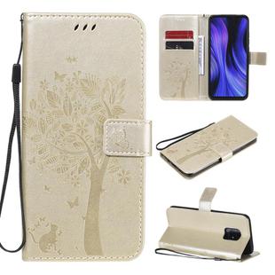 For Xiaomi Redmi 10X 5G / 10X Pro 5G Tree & Cat Embossed Pattern Horizontal Flip Leather Case with Holder & Card Slots & Wallet & Lanyard(Gold)