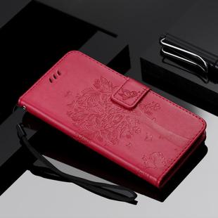 For Xiaomi Mi 10 Lite / Mi 10 Lite 5G Tree & Cat Embossed Pattern Horizontal Flip Leather Case with Holder & Card Slots & Wallet & Lanyard(Rose Red)