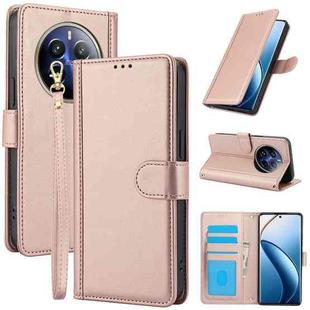 For Realme 12 Pro / 12 Pro+ Skin Feel Pure Color Card Slots Leather Phone Case with Dual Lanyard(Rose Gold)