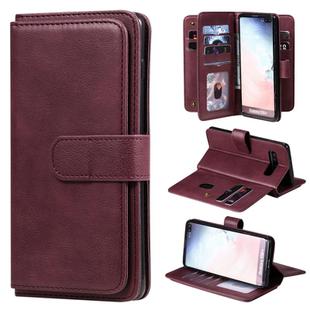 For Samsung Galaxy S10+ Multifunctional Magnetic Copper Buckle Horizontal Flip Solid Color Leather Case with 10 Card Slots & Wallet & Holder & Photo Frame(Wine Red)