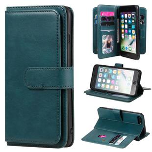 For iPhone 8 Plus & 7 Plus Multifunctional Magnetic Copper Buckle Horizontal Flip Solid Color Leather Case with 10 Card Slots & Wallet & Holder & Photo Frame(Dark Green)