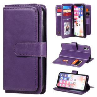 For iPhone XS / X Multifunctional Magnetic Copper Buckle Horizontal Flip Solid Color Leather Case with 10 Card Slots & Wallet & Holder & Photo Frame(Purple)