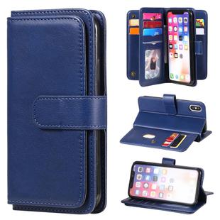 For iPhone XS / X Multifunctional Magnetic Copper Buckle Horizontal Flip Solid Color Leather Case with 10 Card Slots & Wallet & Holder & Photo Frame(Dark Blue)
