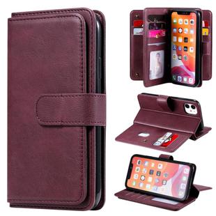 For iPhone 11 Multifunctional Magnetic Copper Buckle Horizontal Flip Solid Color Leather Case with 10 Card Slots & Wallet & Holder & Photo Frame(Wine Red)