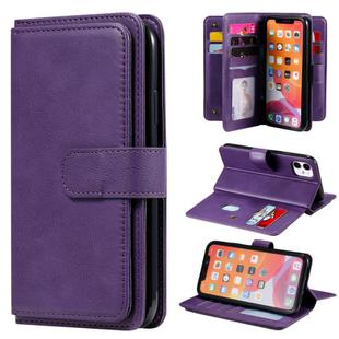 For iPhone 11 Multifunctional Magnetic Copper Buckle Horizontal Flip Solid Color Leather Case with 10 Card Slots & Wallet & Holder & Photo Frame(Purple)