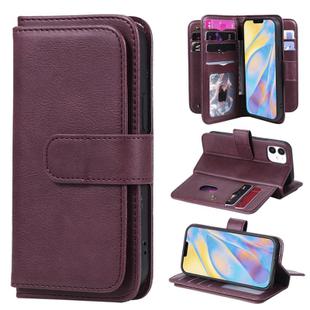 For iPhone 12 mini Multifunctional Magnetic Copper Buckle Horizontal Flip Solid Color Leather Case with 10 Card Slots & Wallet & Holder & Photo Frame(Wine Red)