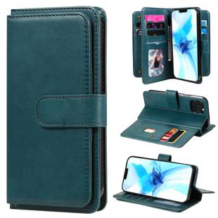For iPhone 12 / 12 Pro Multifunctional Magnetic Copper Buckle Horizontal Flip Solid Color Leather Case with 10 Card Slots & Wallet & Holder & Photo Frame(Dark Green)