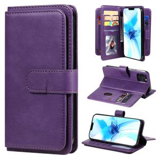 For iPhone 12 / 12 Pro Multifunctional Magnetic Copper Buckle Horizontal Flip Solid Color Leather Case with 10 Card Slots & Wallet & Holder & Photo Frame(Purple)