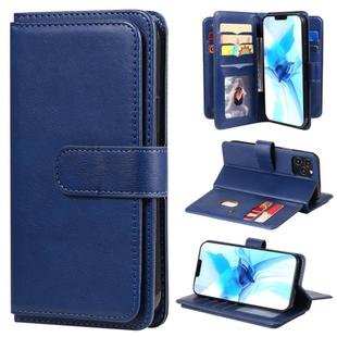 For iPhone 12 / 12 Pro Multifunctional Magnetic Copper Buckle Horizontal Flip Solid Color Leather Case with 10 Card Slots & Wallet & Holder & Photo Frame(Dark Blue)