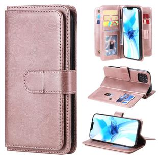 For iPhone 12 / 12 Pro Multifunctional Magnetic Copper Buckle Horizontal Flip Solid Color Leather Case with 10 Card Slots & Wallet & Holder & Photo Frame(Rose Gold)