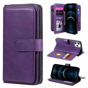 For iPhone 12 Pro Max Multifunctional Magnetic Copper Buckle Horizontal Flip Solid Color Leather Case with 10 Card Slots & Wallet & Holder & Photo Frame(Purple)