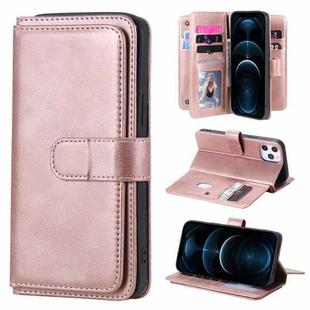For iPhone 12 Pro Max Multifunctional Magnetic Copper Buckle Horizontal Flip Solid Color Leather Case with 10 Card Slots & Wallet & Holder & Photo Frame(Rose Gold)