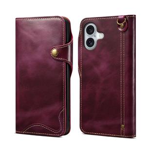 For iPhone 16 Denior B01 Oil Wax Cowhide Magnetic Button Genuine Leather Case(Purple)