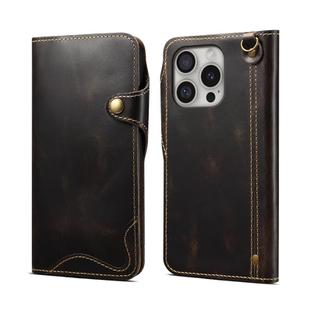 For iPhone 16 Pro Denior B01 Oil Wax Cowhide Magnetic Button Genuine Leather Case(Black)