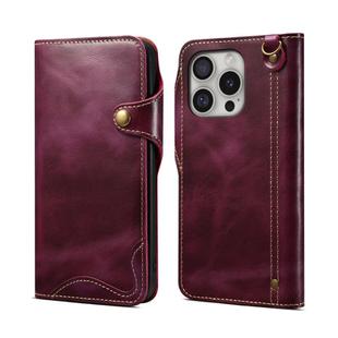 For iPhone 16 Pro Denior B01 Oil Wax Cowhide Magnetic Button Genuine Leather Case(Purple)