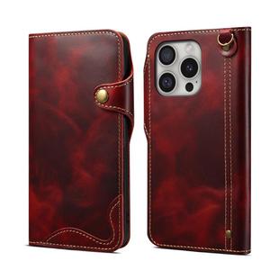 For iPhone 16 Pro Max Denior B01 Oil Wax Cowhide Magnetic Button Genuine Leather Case(Red)