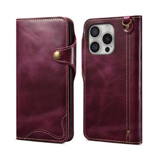 For iPhone 16 Pro Max Denior B01 Oil Wax Cowhide Magnetic Button Genuine Leather Case(Purple)