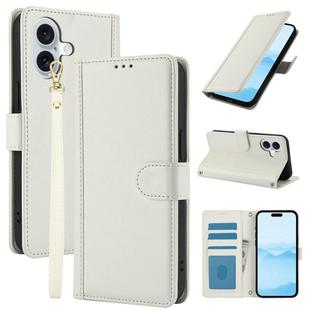 For iPhone 16 Skin Feel Pure Color Card Slots Leather Phone Case with Dual Lanyard(White)