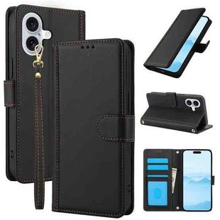 For iPhone 16 Plus Skin Feel Pure Color Card Slots Leather Phone Case with Dual Lanyard(Black)