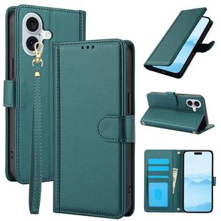 For iPhone 16 Plus Skin Feel Pure Color Card Slots Leather Phone Case with Dual Lanyard(Green)