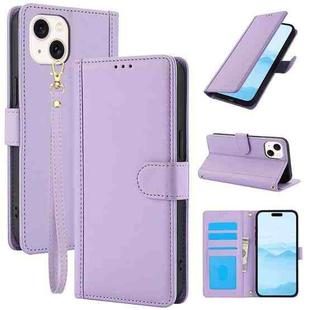 For iPhone 15 Plus Skin Feel Pure Color Card Slots Leather Phone Case with Dual Lanyard(Purple)