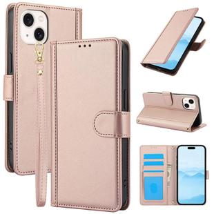 For iPhone 15 Skin Feel Pure Color Card Slots Leather Phone Case with Dual Lanyard(Rose Gold)