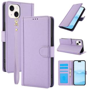 For iPhone 15 Skin Feel Pure Color Card Slots Leather Phone Case with Dual Lanyard(Purple)