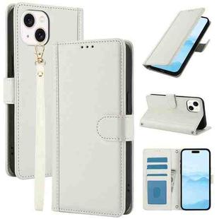 For iPhone 14 Skin Feel Pure Color Card Slots Leather Phone Case with Dual Lanyard(White)