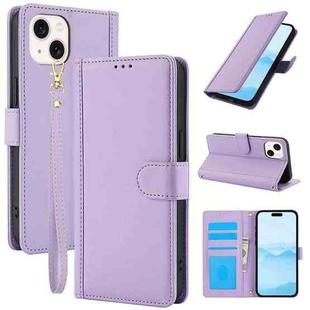 For iPhone 14 Skin Feel Pure Color Card Slots Leather Phone Case with Dual Lanyard(Purple)