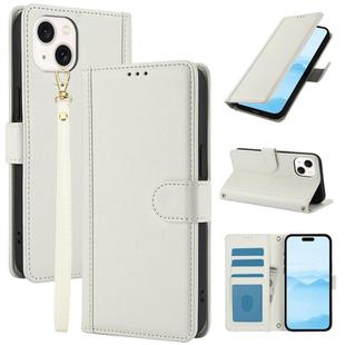 For iPhone 14 Plus Skin Feel Pure Color Card Slots Leather Phone Case with Dual Lanyard(White)